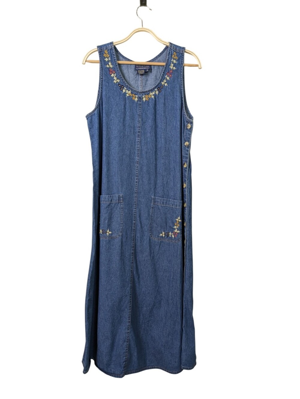 VTG Denim Pinafore Jumper Maxi Dress Medium Embroidered Floral Pockets Buttons